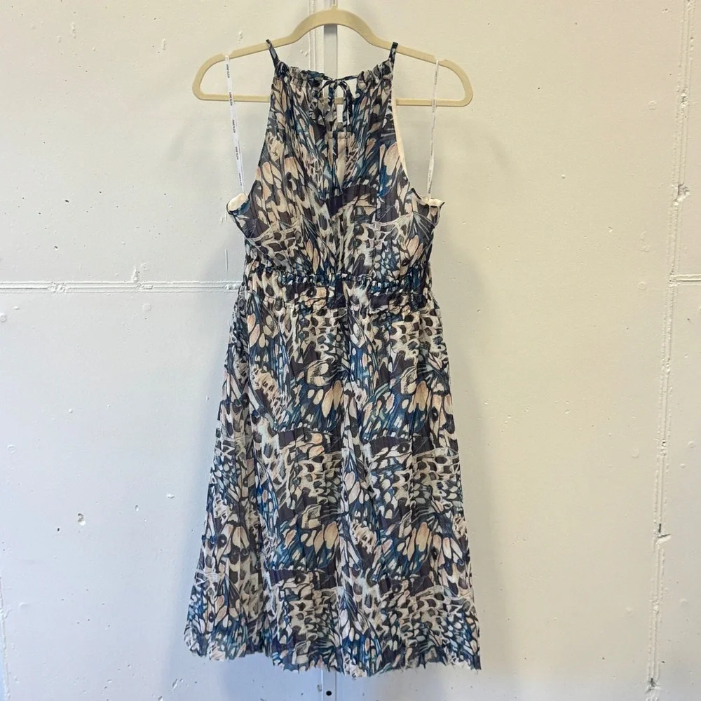 Anne Klein Butterfly Print Halter Midi Dress Blue Size 4 Ruffle‎ Neck Tie Back